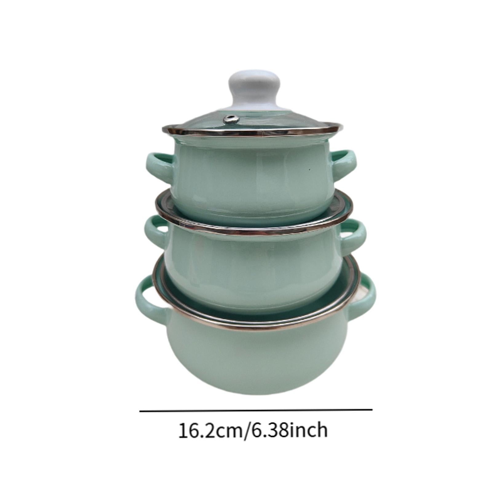 3x Enamel Cooking Pots Kitchen Enamel Stockpot with Lid Cooking Pot with Lid light blue