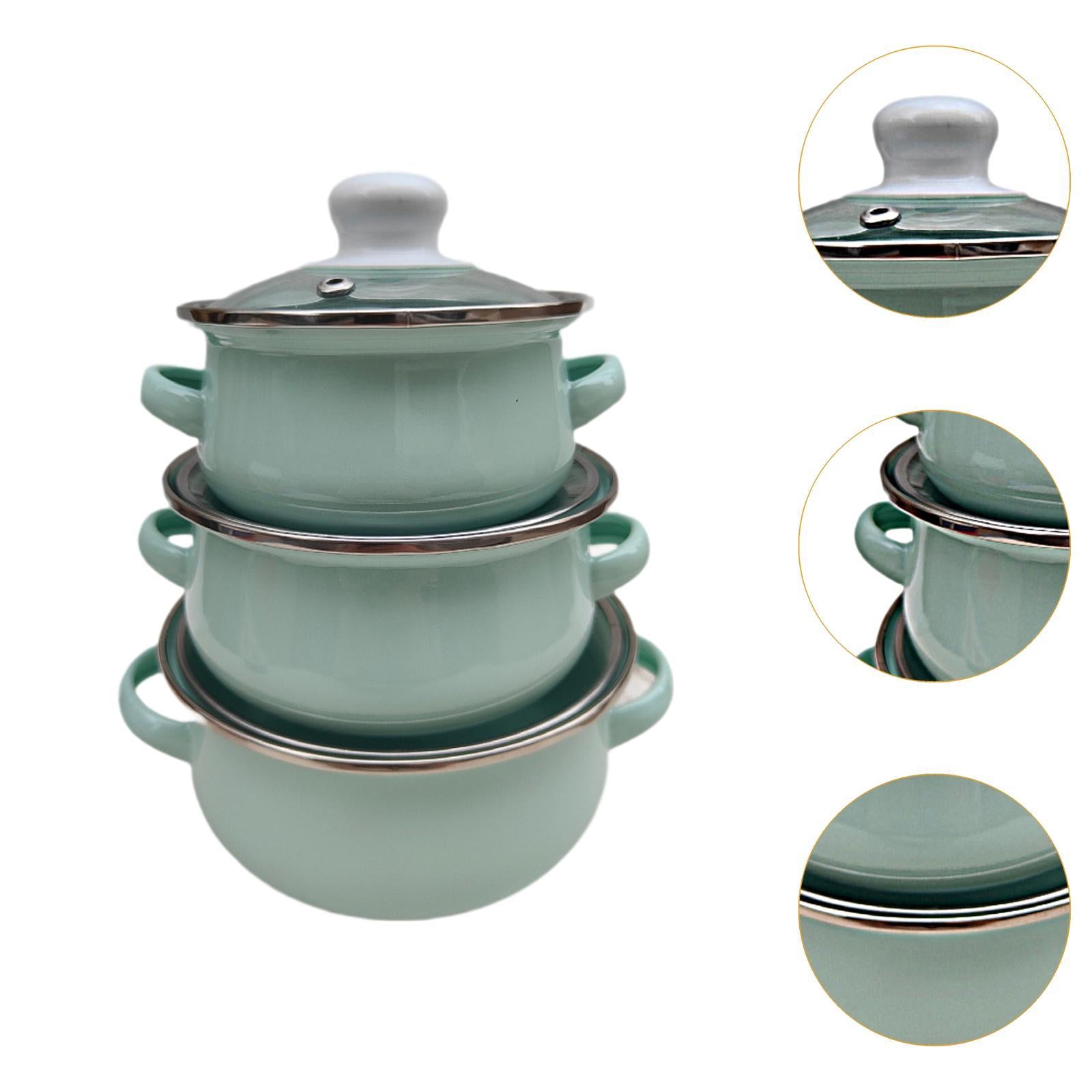 3x Enamel Cooking Pots Kitchen Enamel Stockpot with Lid Cooking Pot with Lid light blue