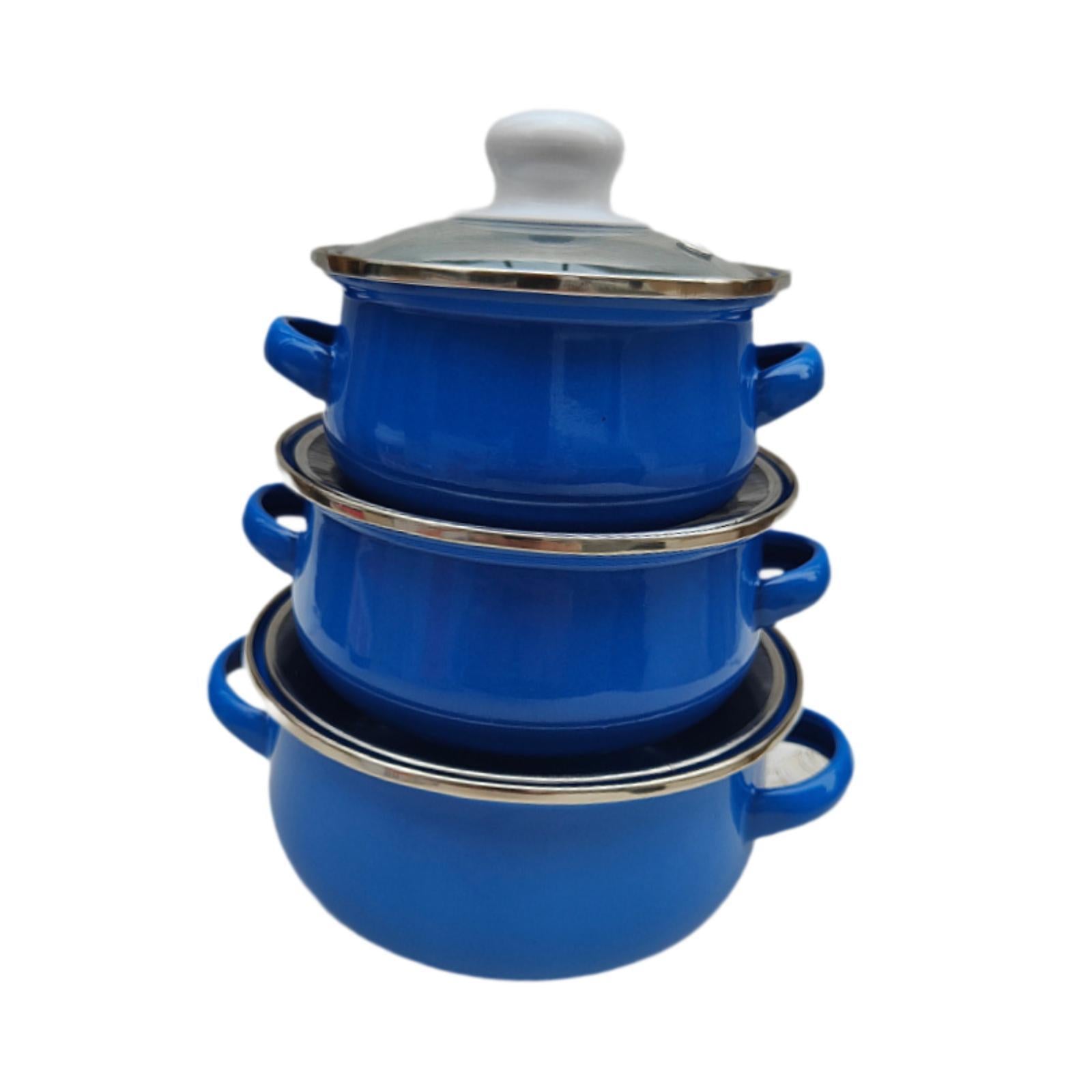 3x Enamel Cooking Pots Kitchen Enamel Stockpot with Lid Cooking Pot with Lid dark blue