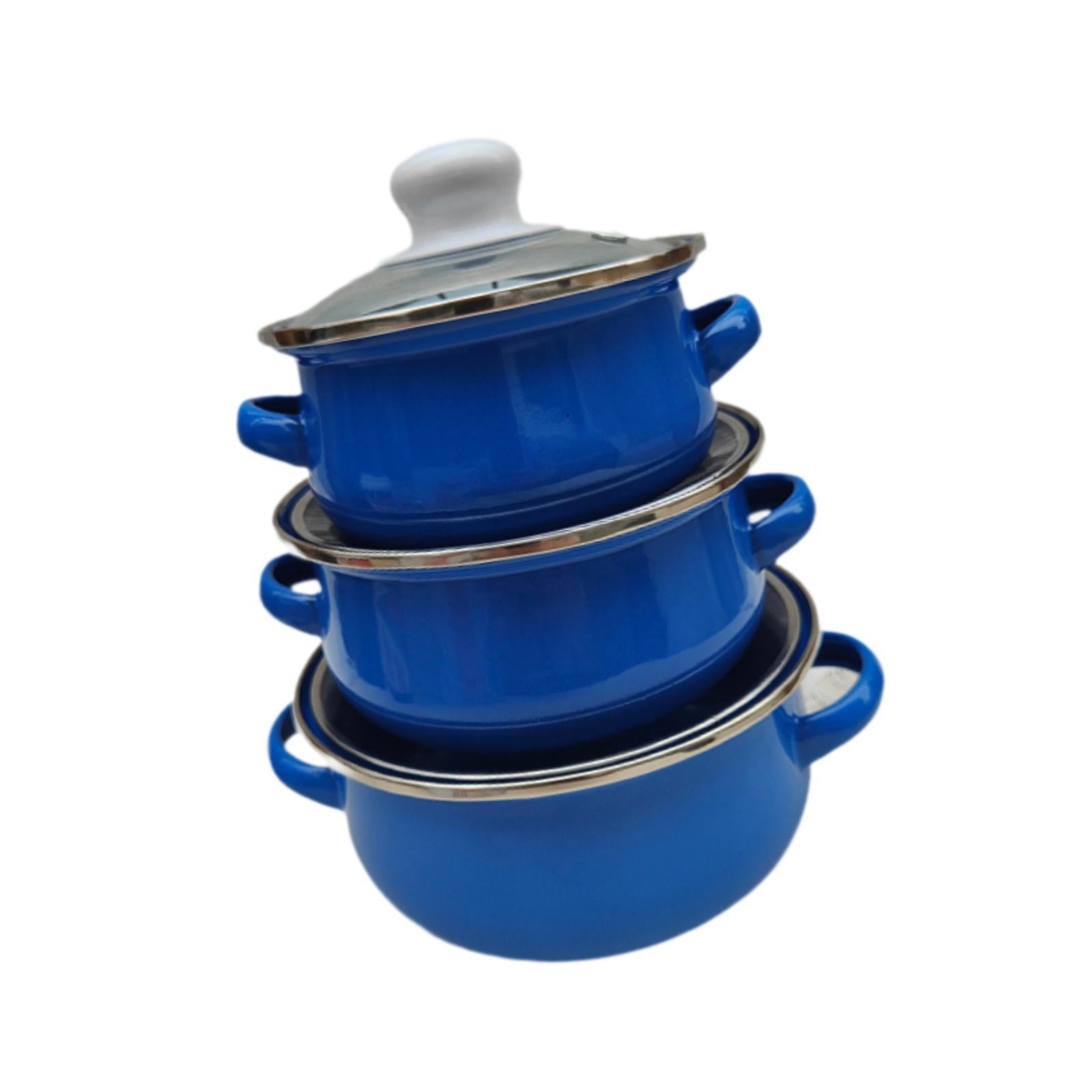 3x Enamel Cooking Pots Kitchen Enamel Stockpot with Lid Cooking Pot with Lid dark blue