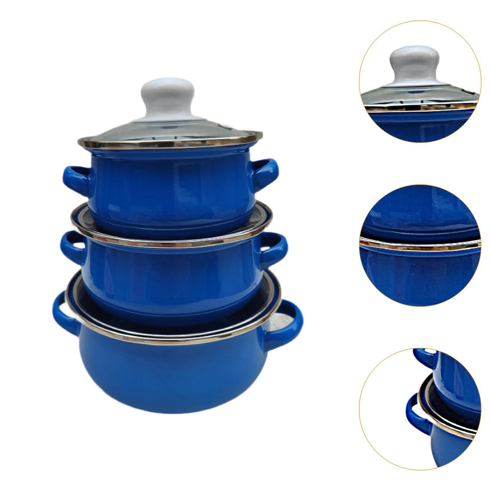 3x Enamel Cooking Pots Kitchen Enamel Stockpot with Lid Cooking Pot with Lid dark blue