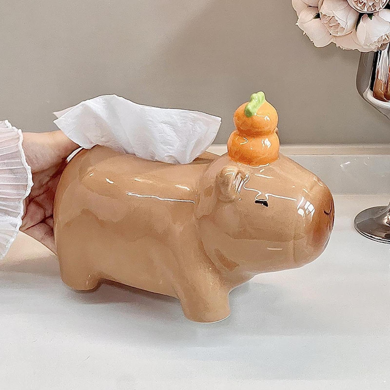 Cute Ceramic Capybara Shaped Tissue Box for Kitchen Countertop Bedside Table Climbing