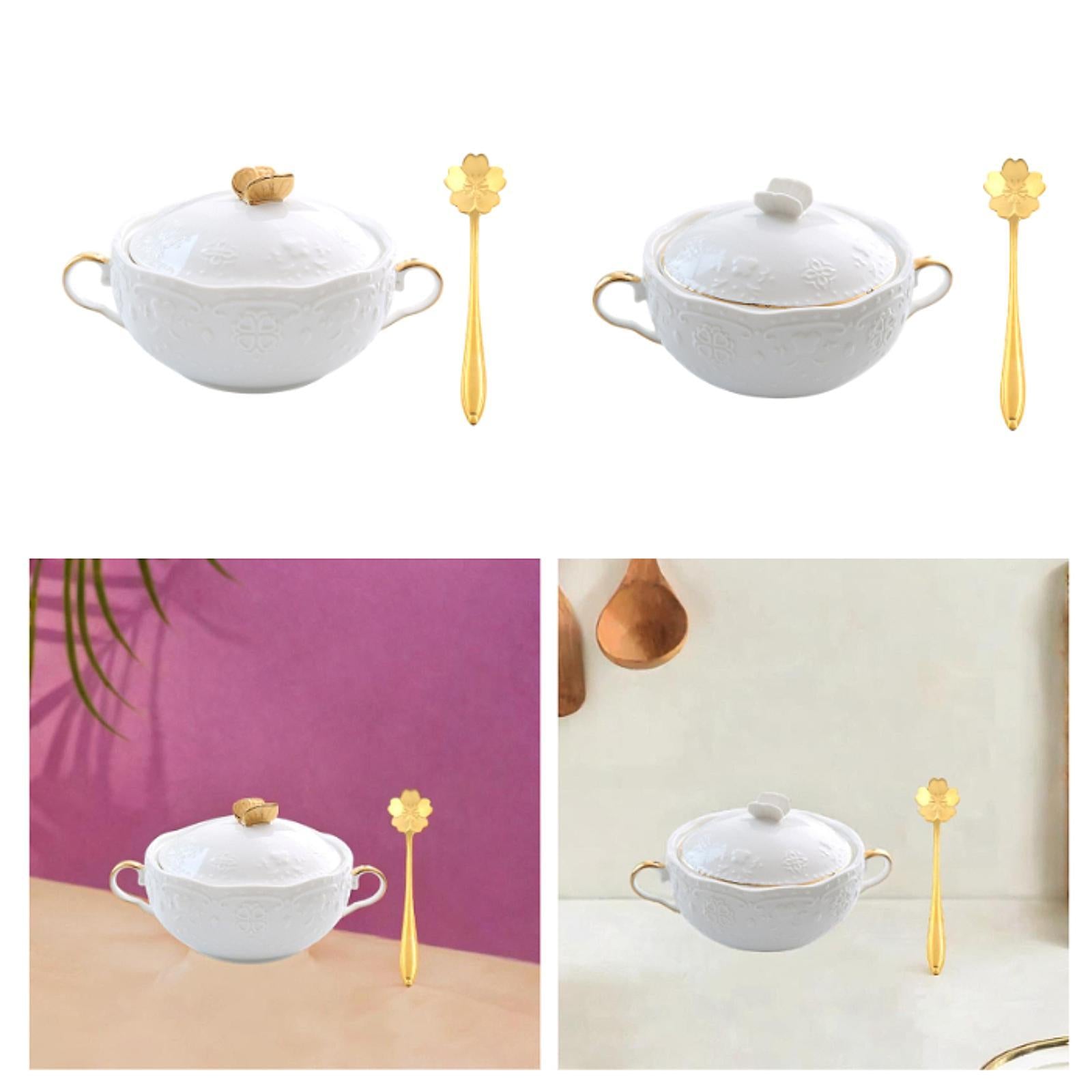 Serving Bowl 9.8oz 4.5 French Onion Soup Bowl for Ice Cream Pasta Beef Stew gold cover handle"