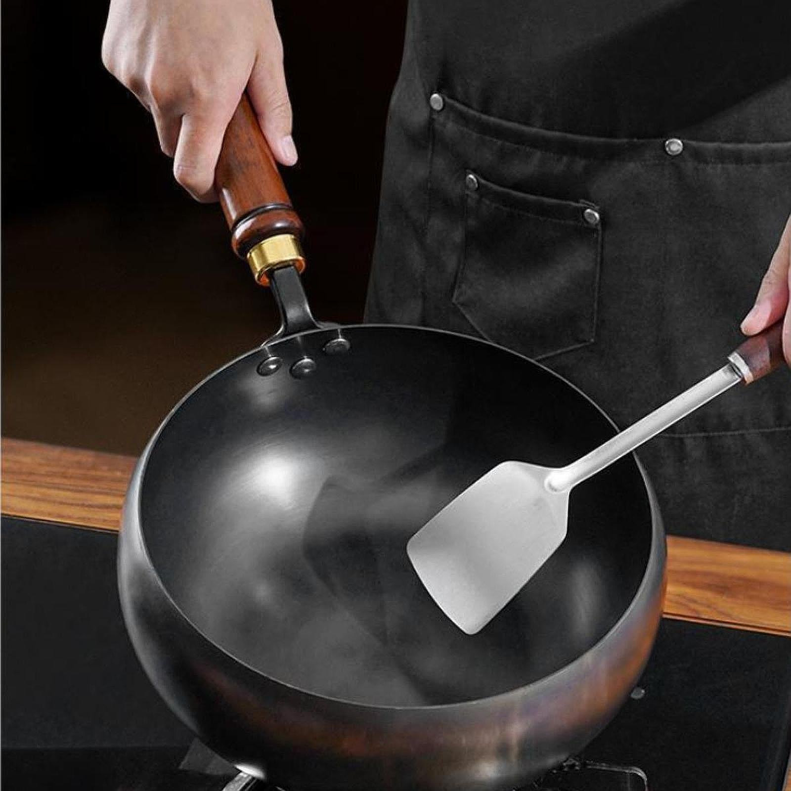 Iron Wok Household No Coating Home with Wood Handle Flat Bottom Stir Fry Pan 28cm