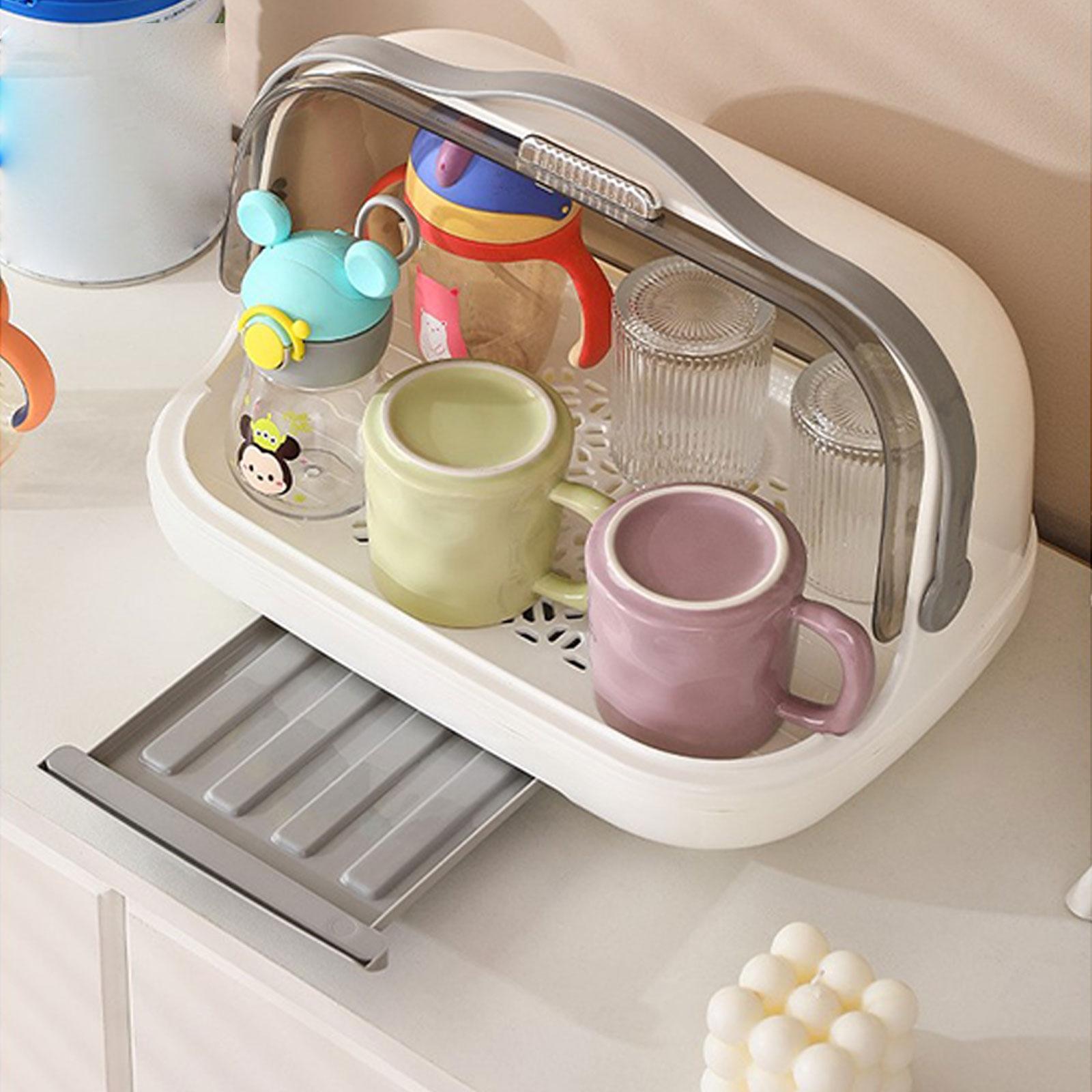 Dish Drying Rack with Cover Kitchen Counter for Chopsticks Tea Cup Tableware White
