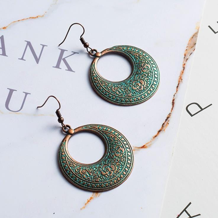 Bohemian Vintage Bronze Carved Water Drops Retro Earrings For Women (E020629)