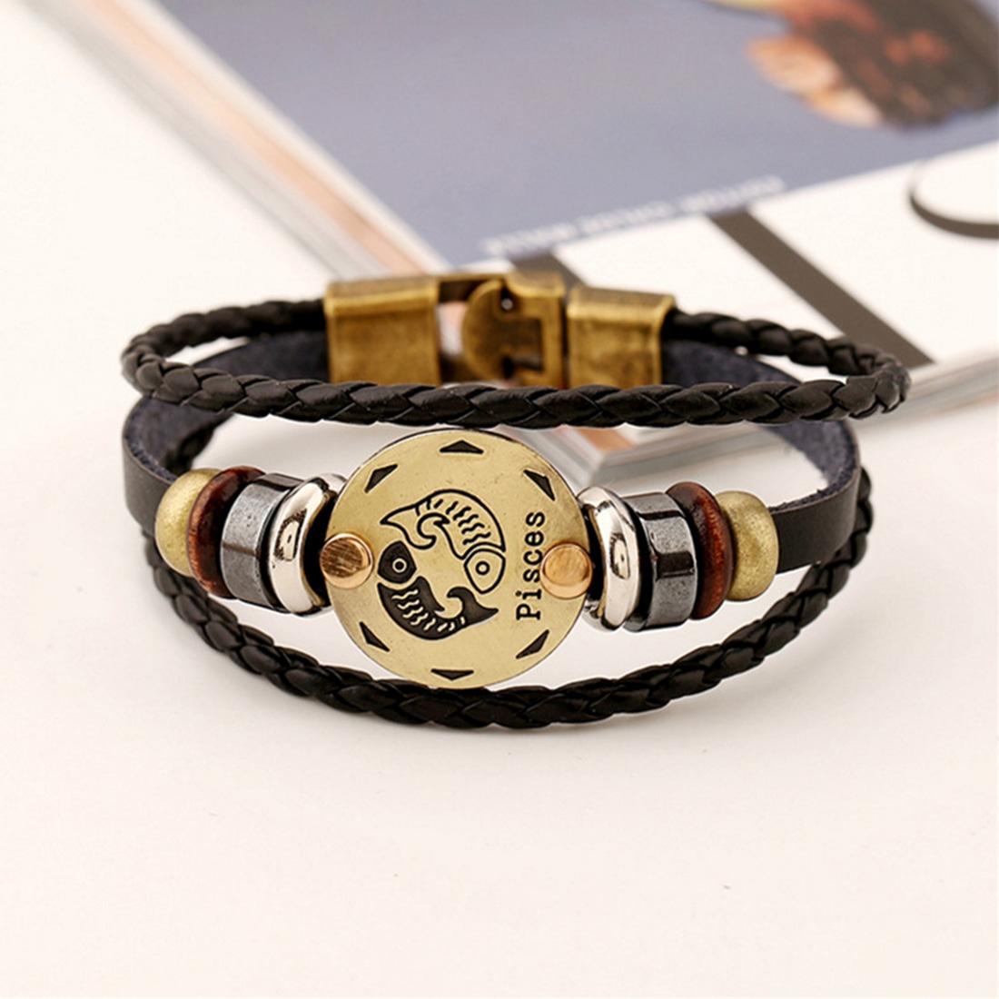 2 PCS Couple Lovers Jewelry Leather Braided Pisces Constellation Detail Hand Chain Bracelet, Size: 21*1.2cm (Style12)