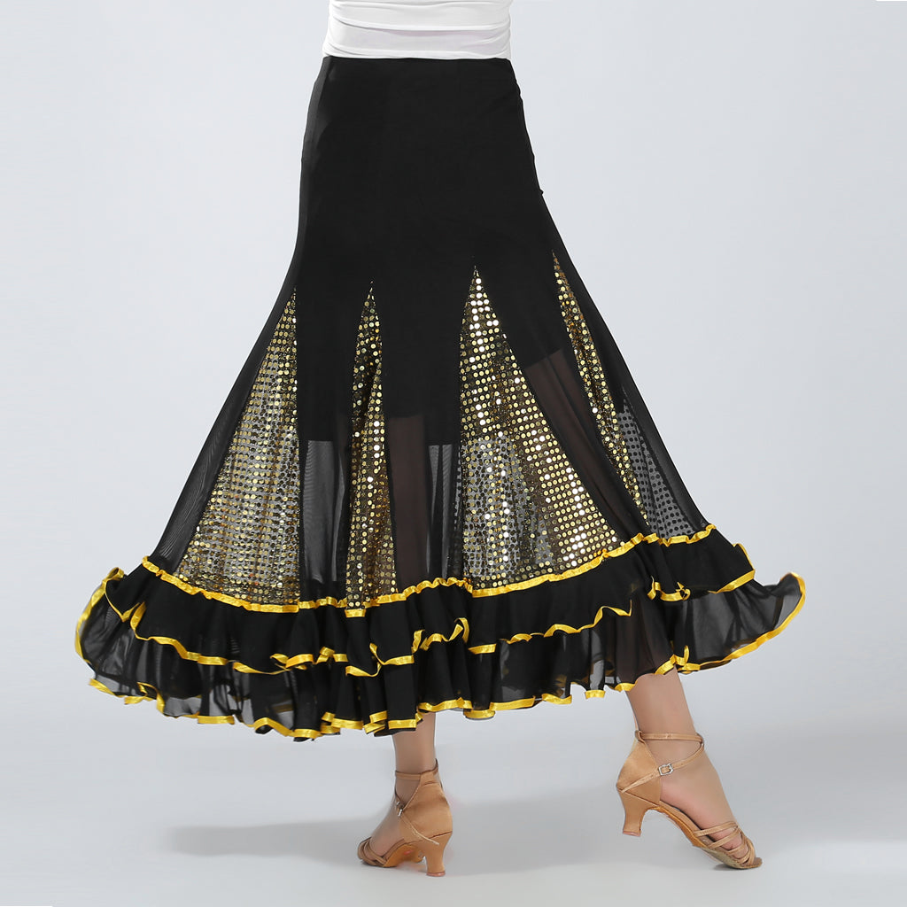 Flamenco Ballroom Dance Skirt Sequined Modern Costume Dress Black Gold