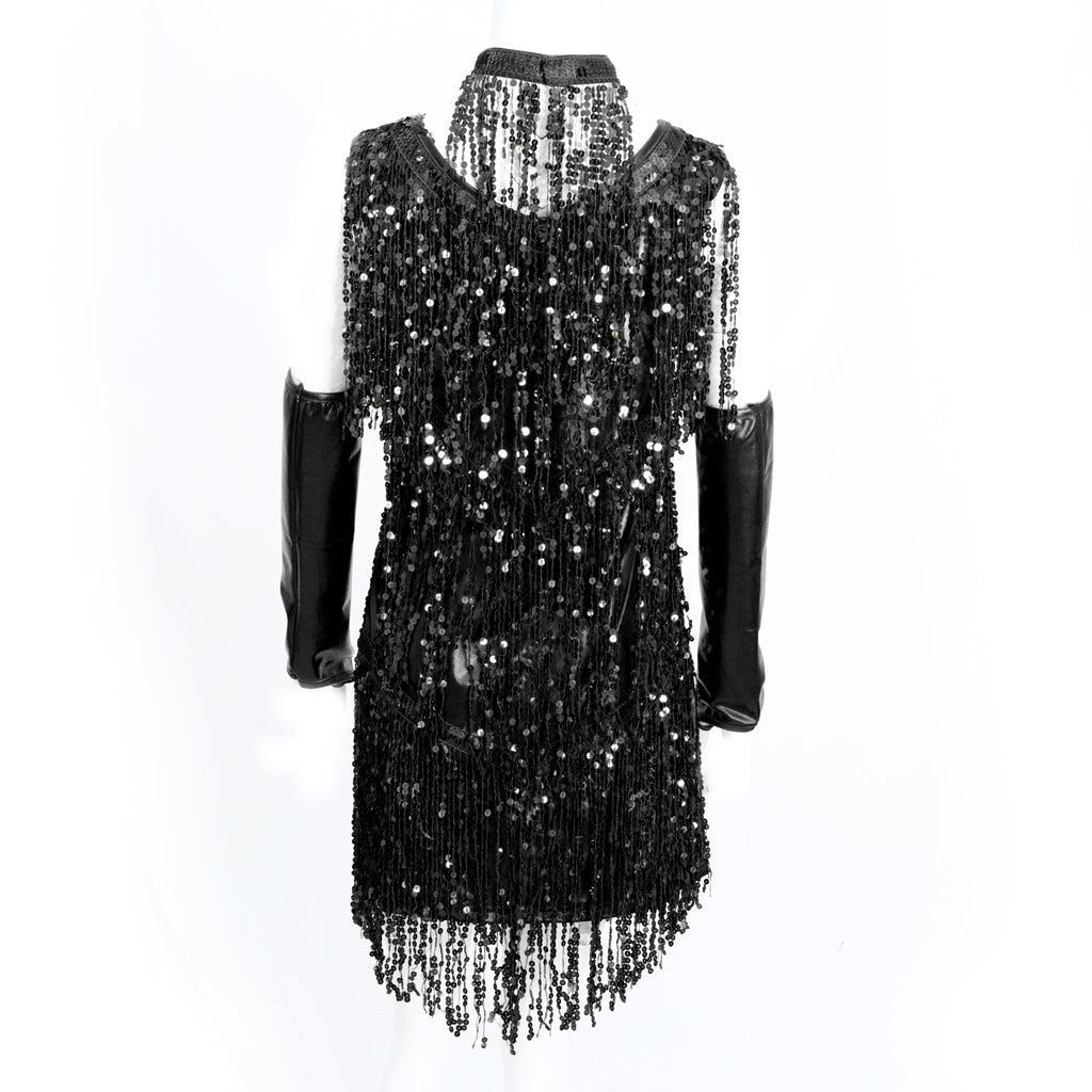 V Neck 1920s Sequin Fringe Charleston Flapper Dance Dresses Costumes M silver black