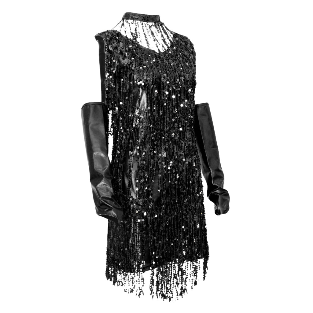 V Neck 1920s Sequin Fringe Charleston Flapper Dance Dresses Costumes M silver black