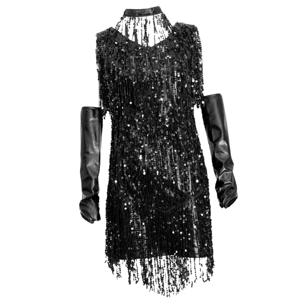 V Neck 1920s Sequin Fringe Charleston Flapper Dance Dresses Costumes M silver black