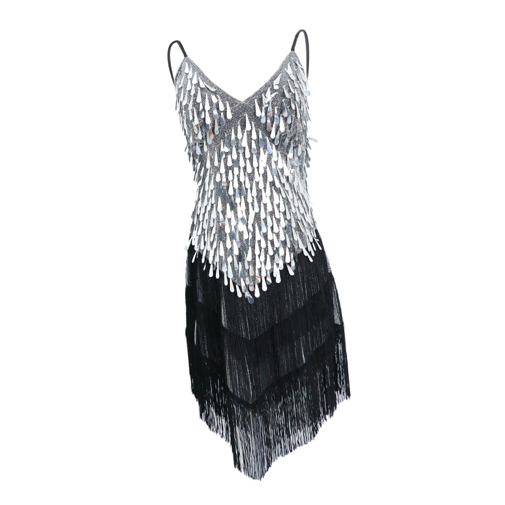 Women Latin Ballroom Dance Costume Sequins Tassel Sling Skirt Black Sliver