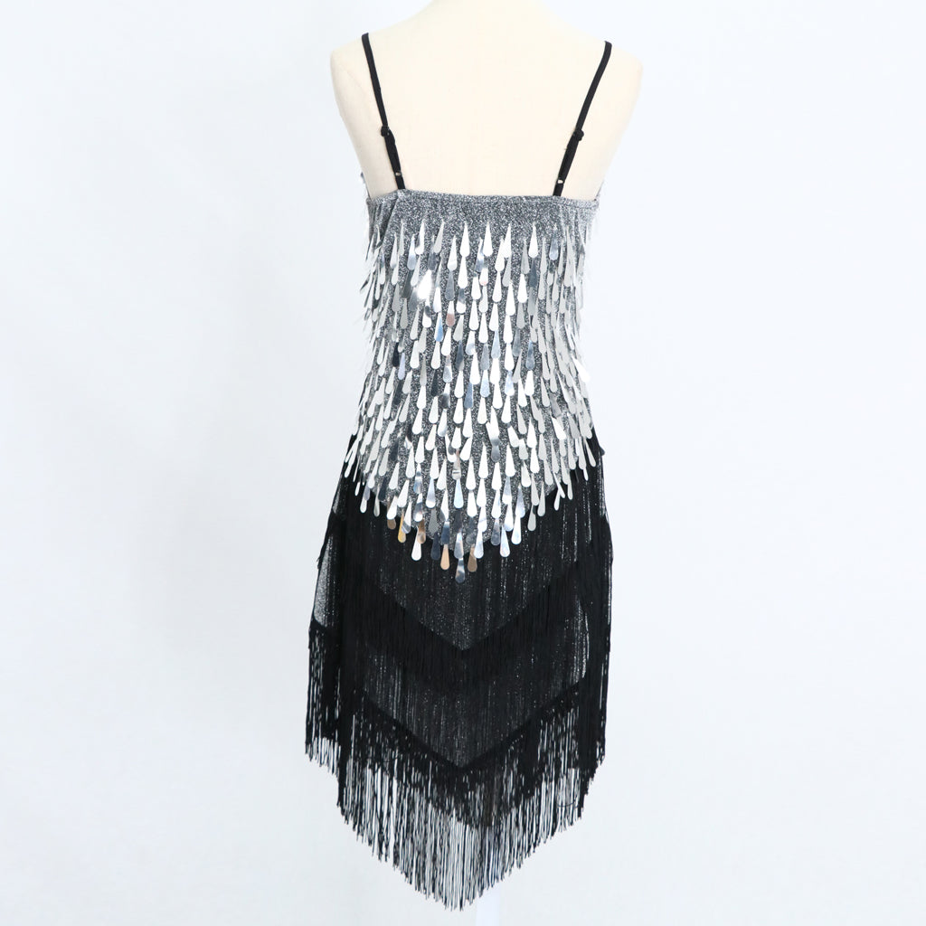 Women Latin Ballroom Dance Costume Sequins Tassel Sling Skirt Black Sliver