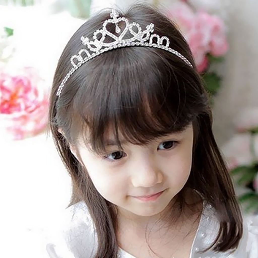 Kids Girls Crystal Wedding Headband Crown Tiara Heart-Shape Silver Hair Band
