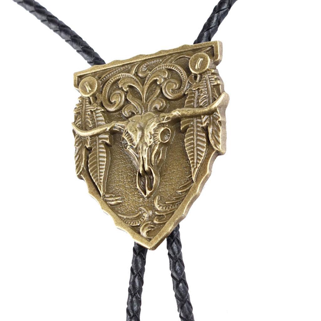 Vintage Men Aztec Western Cowboy Necktie Bolo Tie Bronze Tang Grass Pattern