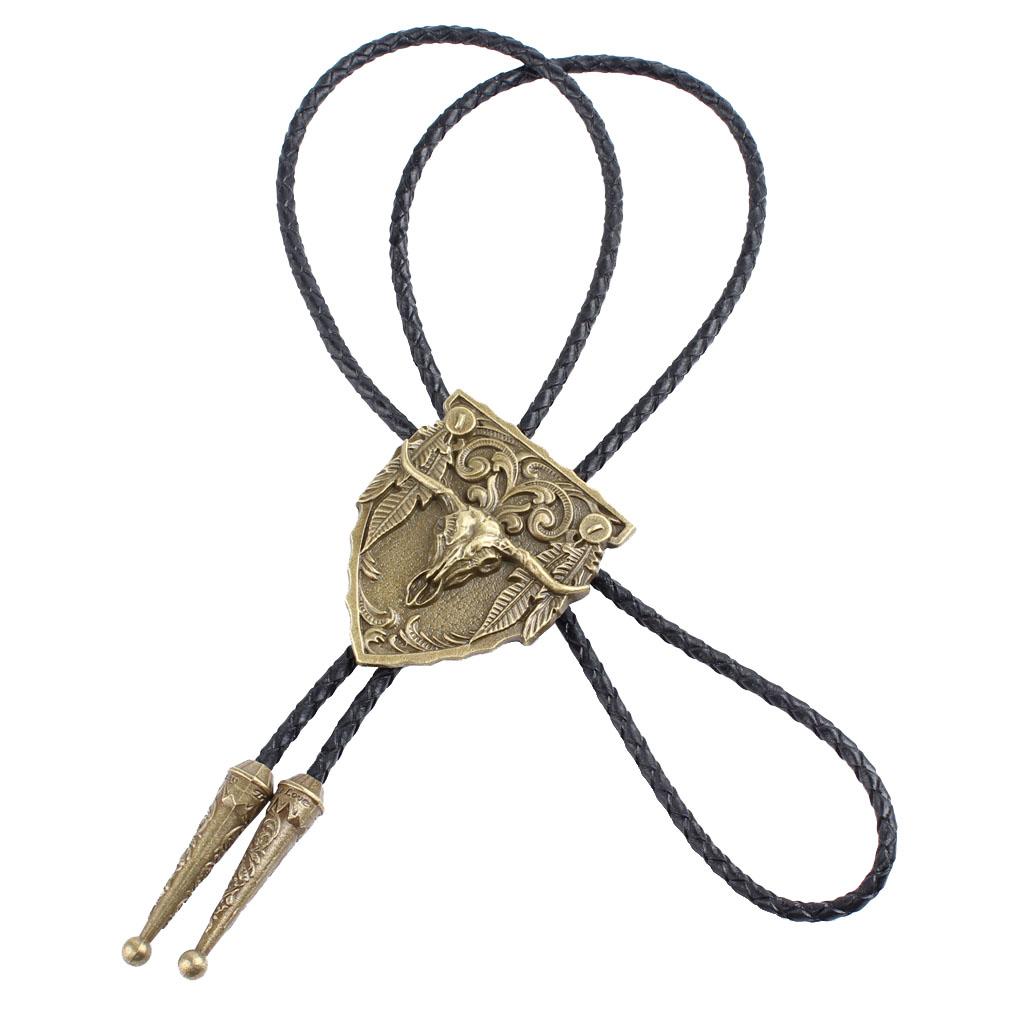 Vintage Men Aztec Western Cowboy Necktie Bolo Tie Bronze Tang Grass Pattern