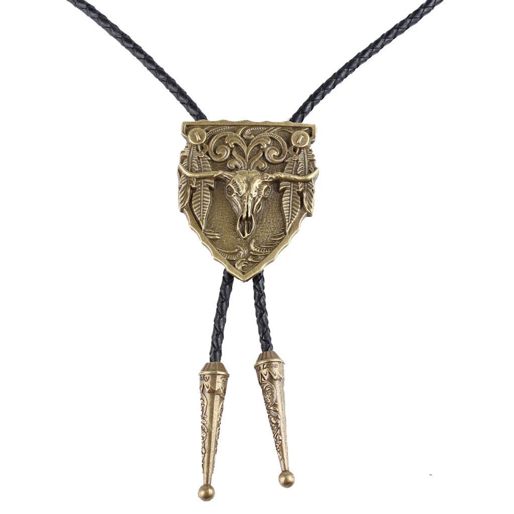 Vintage Men Aztec Western Cowboy Necktie Bolo Tie Bronze Tang Grass Pattern