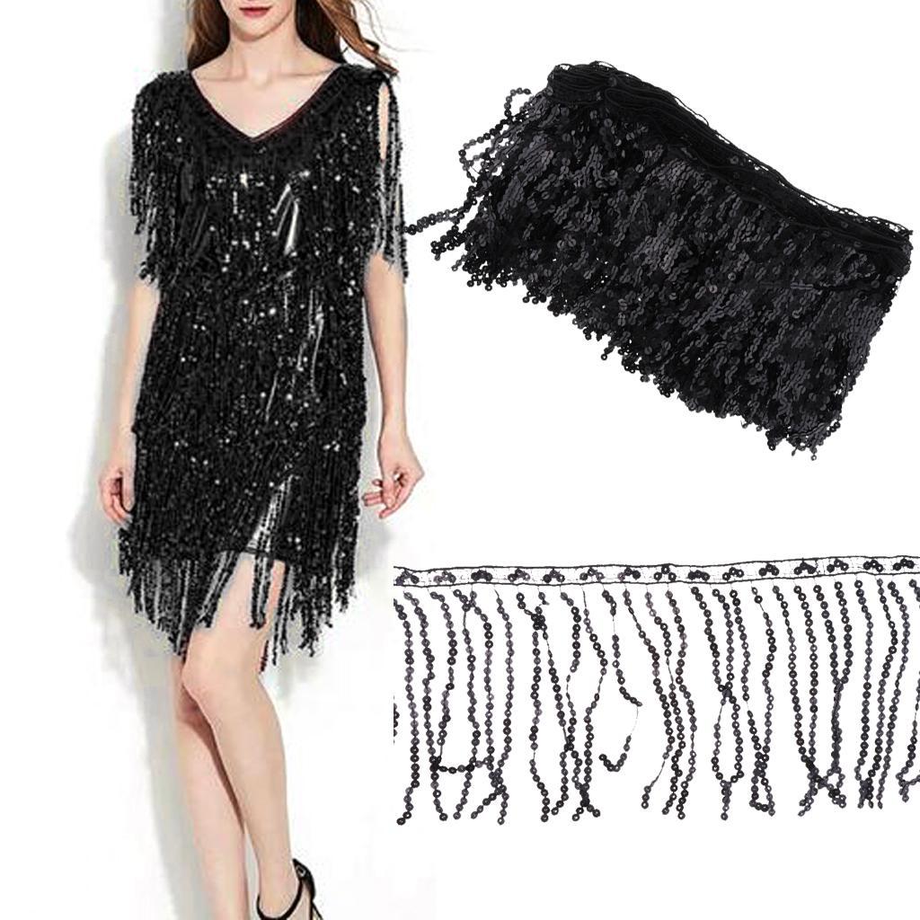 5.9m Sequin Tassel Trim Luxury Fringe Dancing Dress Sewing Material Fabric width 40cm Black