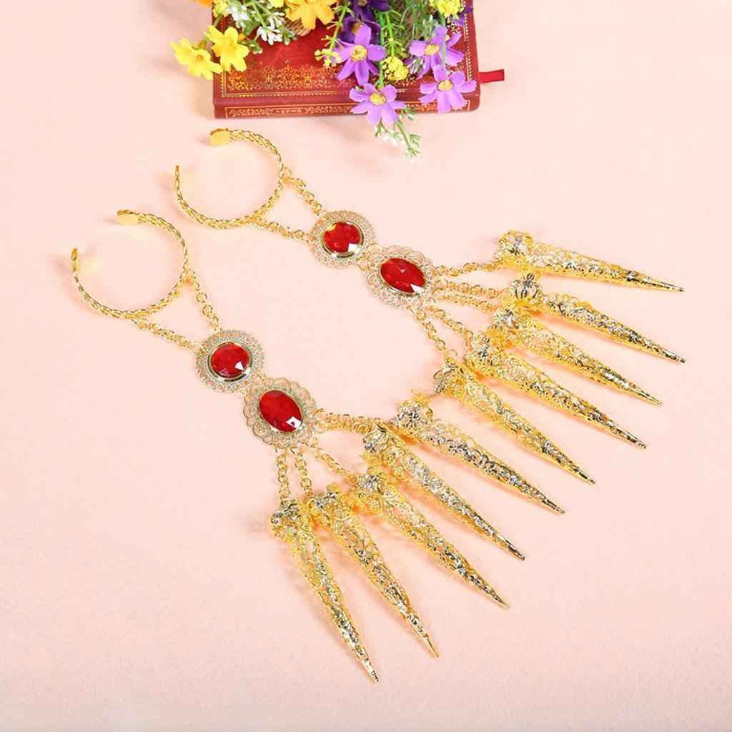 Belly Dance Clothing Accessories Gold Bracelet Finger Nails with Artificial Red Jewelry and Wrist Part Adjustable