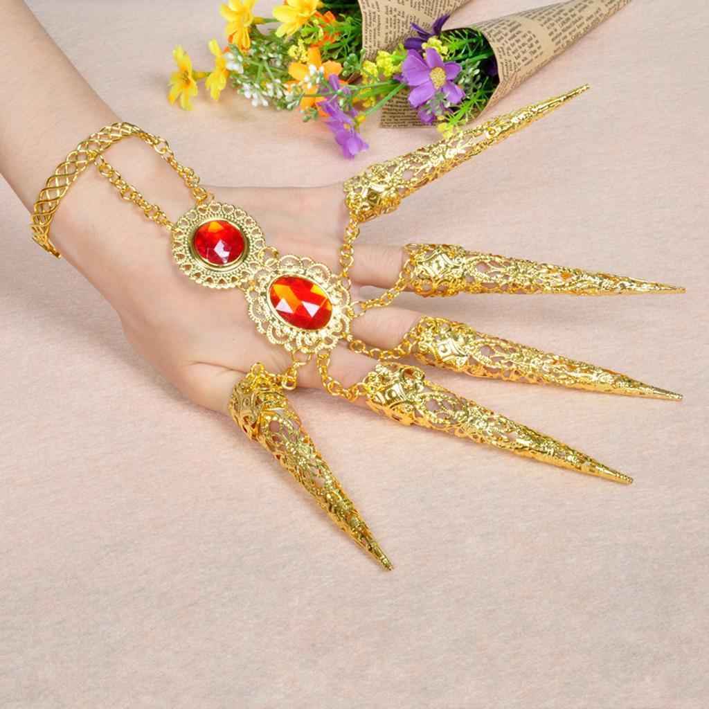 Belly Dance Clothing Accessories Gold Bracelet Finger Nails with Artificial Red Jewelry and Wrist Part Adjustable