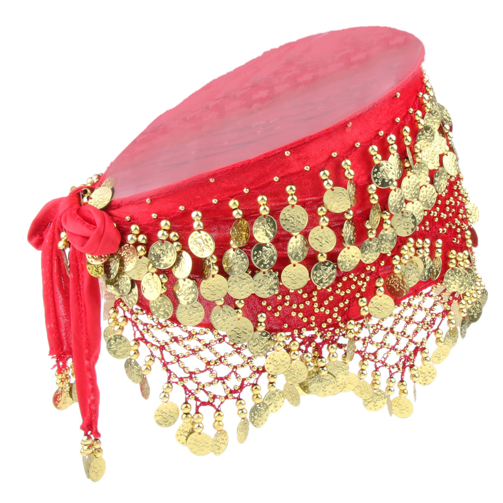 Women's Belly Dance Hip Scarf Hip Skirt Waist Chain With Gold Coins Red