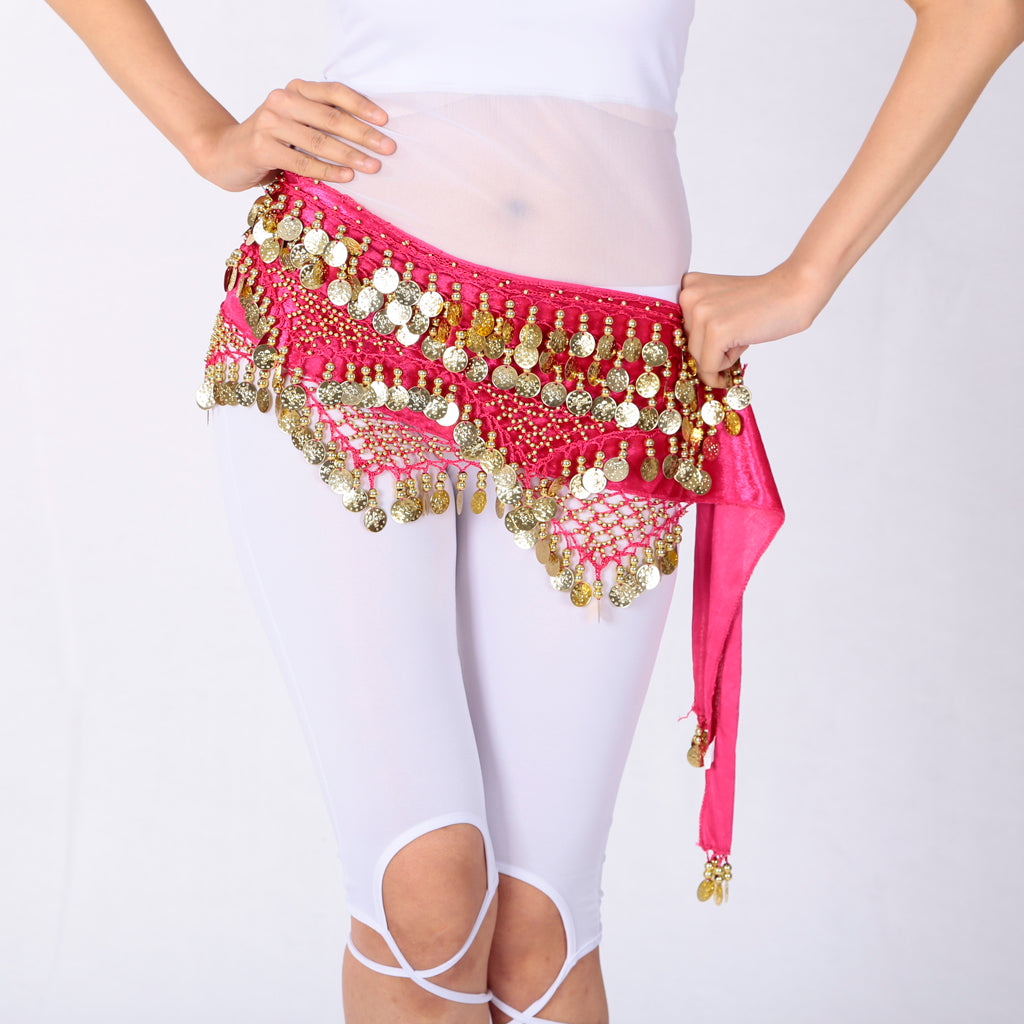 Women's Belly Dance Hip Scarf Hip Skirt Waist Chain With Gold Coins Red