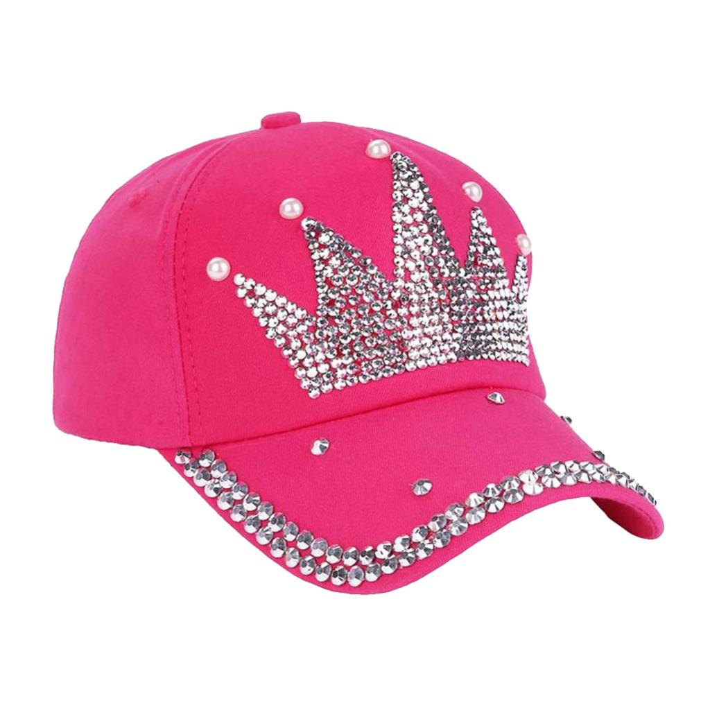 Womens Baseball Cap Crown Rhinestone Snapback Adjustable Sport Sun Hat Rose