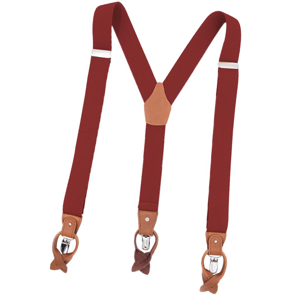 Vintage Men's Y Back Suspenders with Strong Clips Leather Joint Red wine