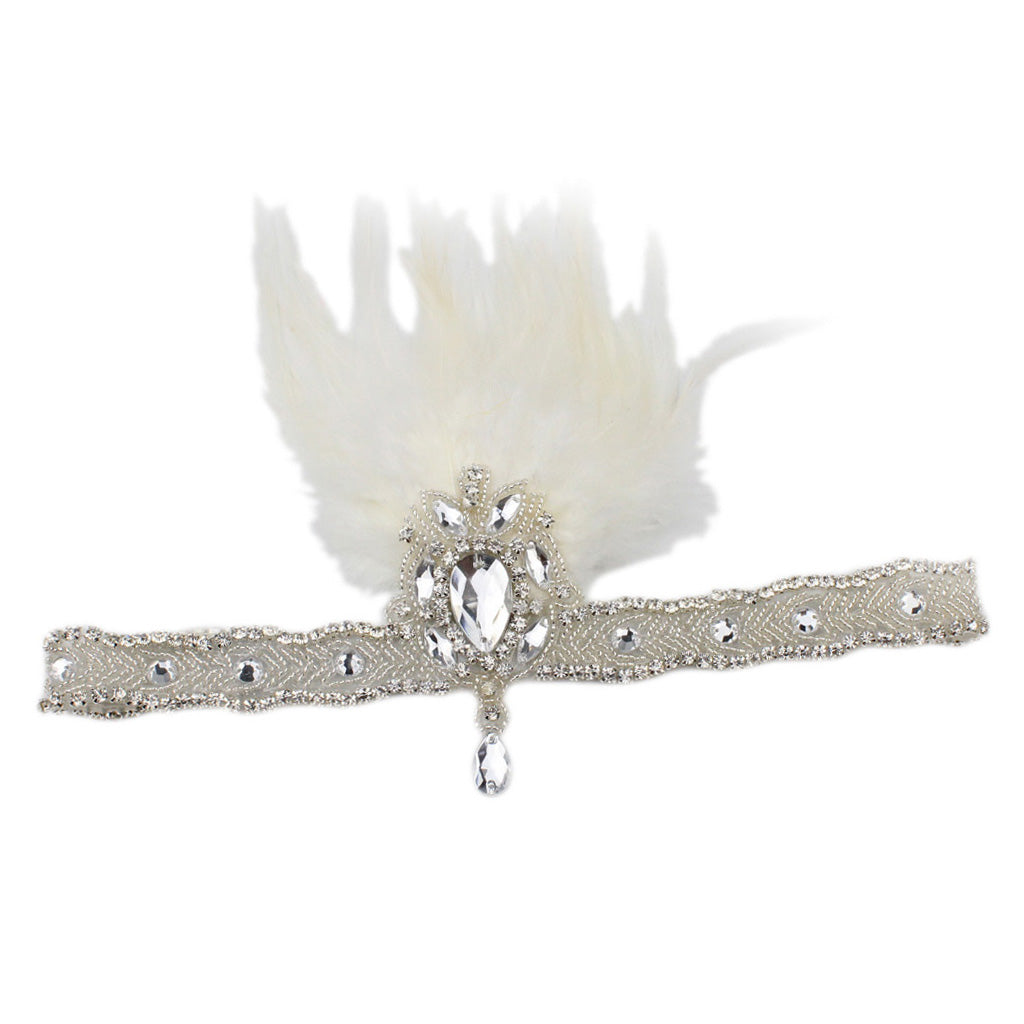 Ladies Retro Feather Elastic Crystal Accessory Headband for Party White