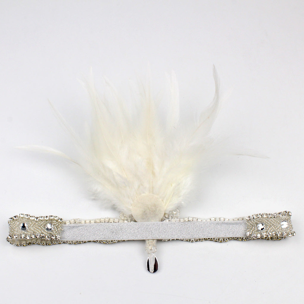 Ladies Retro Feather Elastic Crystal Accessory Headband for Party White