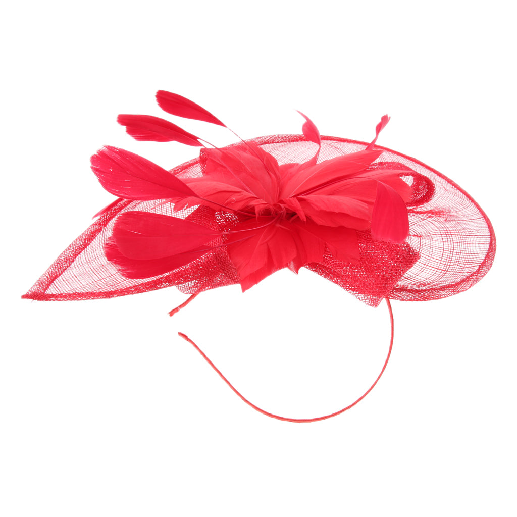 Women's Vintage Flower Feather Mesh Net Fascinator Hair Clip Hat Party Red
