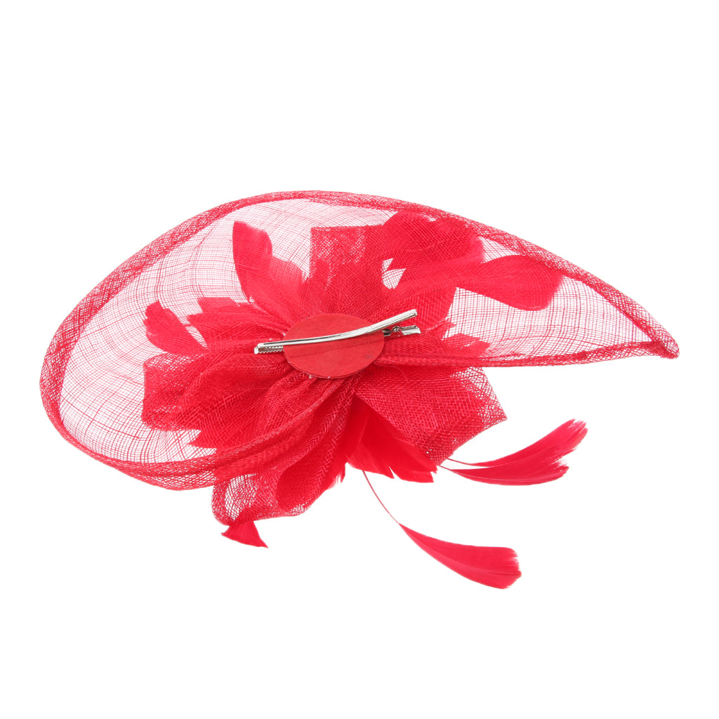 Women's Vintage Flower Feather Mesh Net Fascinator Hair Clip Hat Party Red