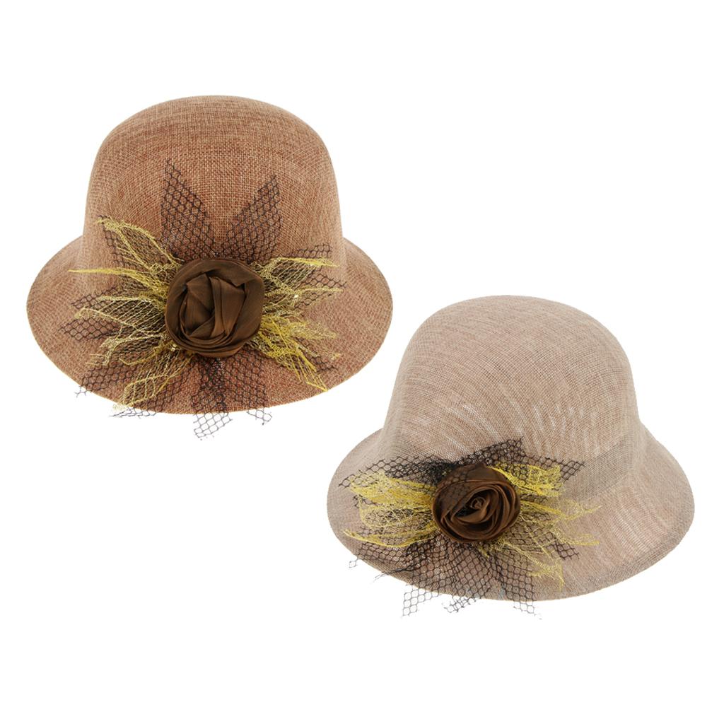 Ladies Flax Fashion Straw Beach Fisherman Sunhat Flower Billycock Cap Khaki