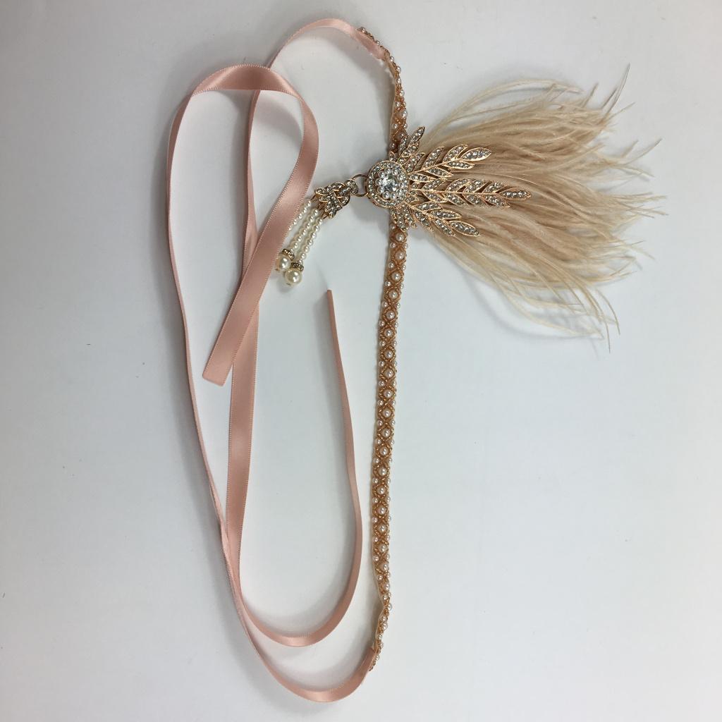 Vintage Crystal Pearls Feather Headband 20s Gatsby Flapper Headpiece Costume