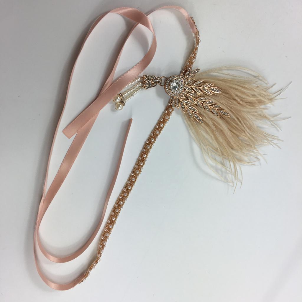 Vintage Crystal Pearls Feather Headband 20s Gatsby Flapper Headpiece Costume