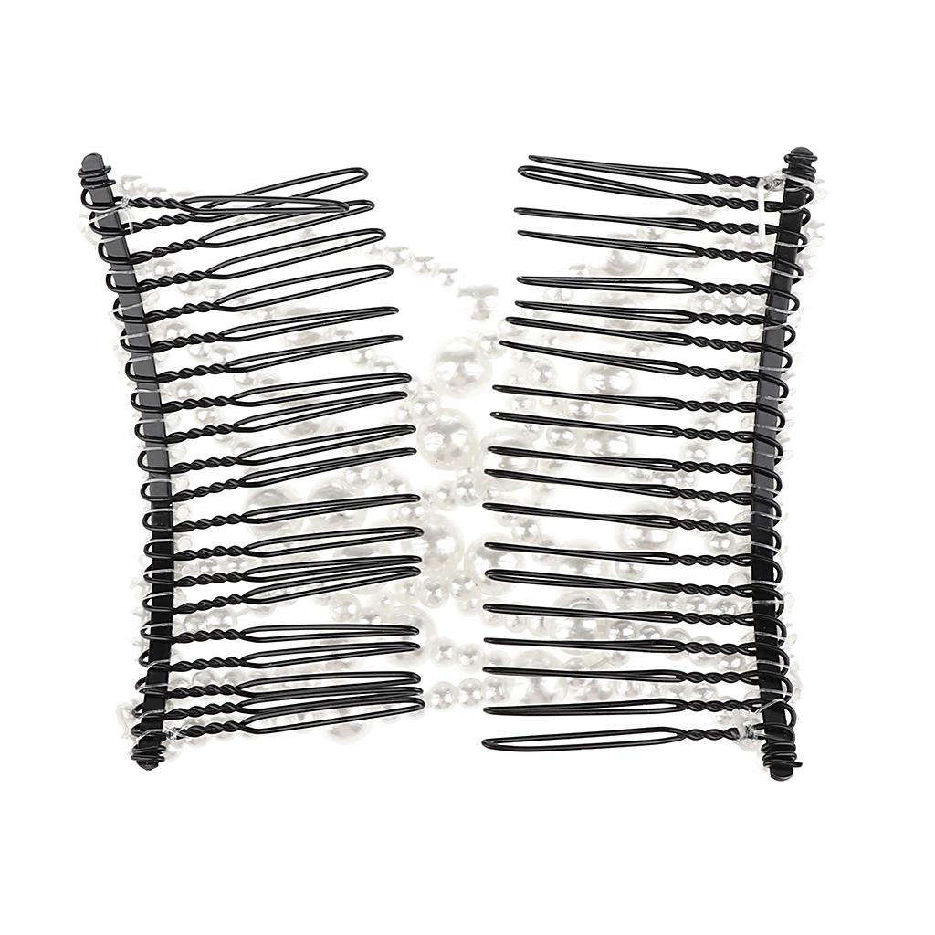 White Stretch Pearl Combs Beaded Hairpin Bow Hair Head Comb Cuff Double Clip