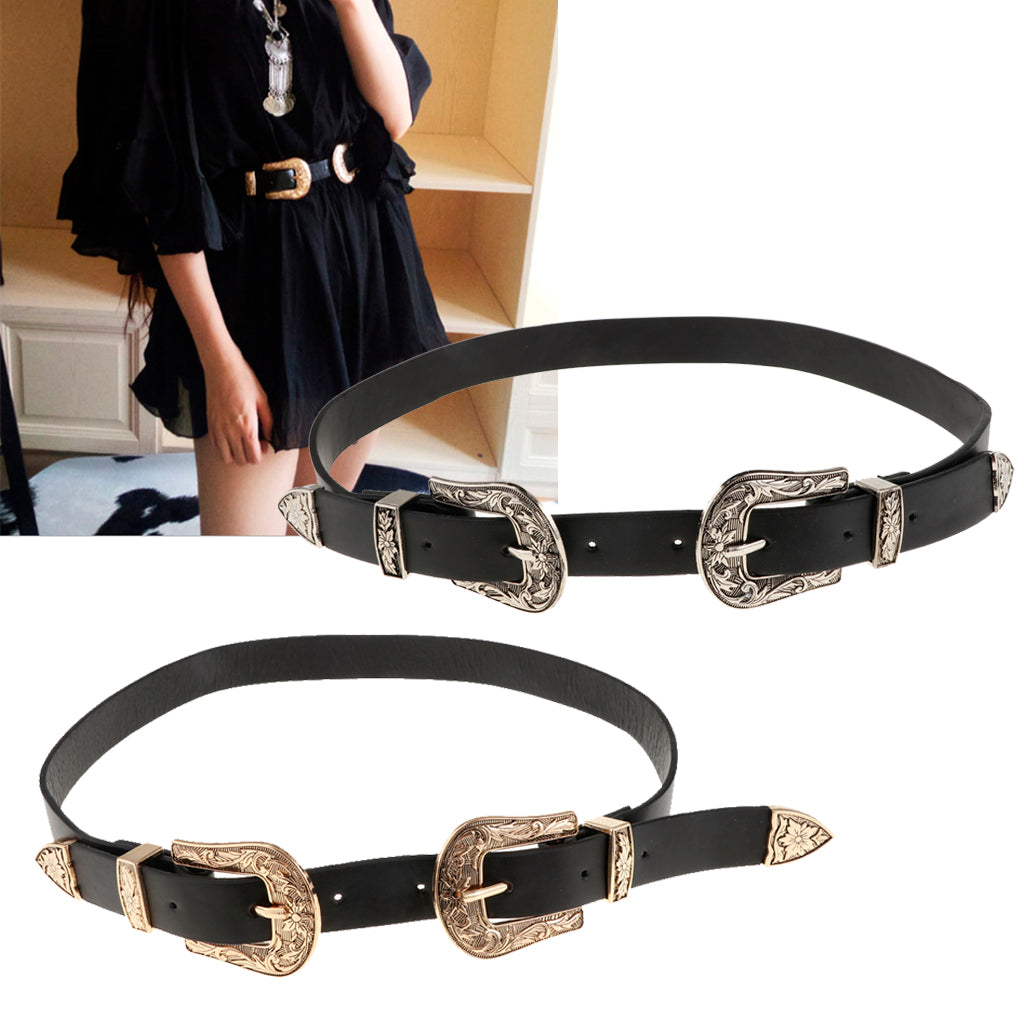 Vintage Womens Double Pin buckle Adjustable Leather Jeans Dress Belt Gold