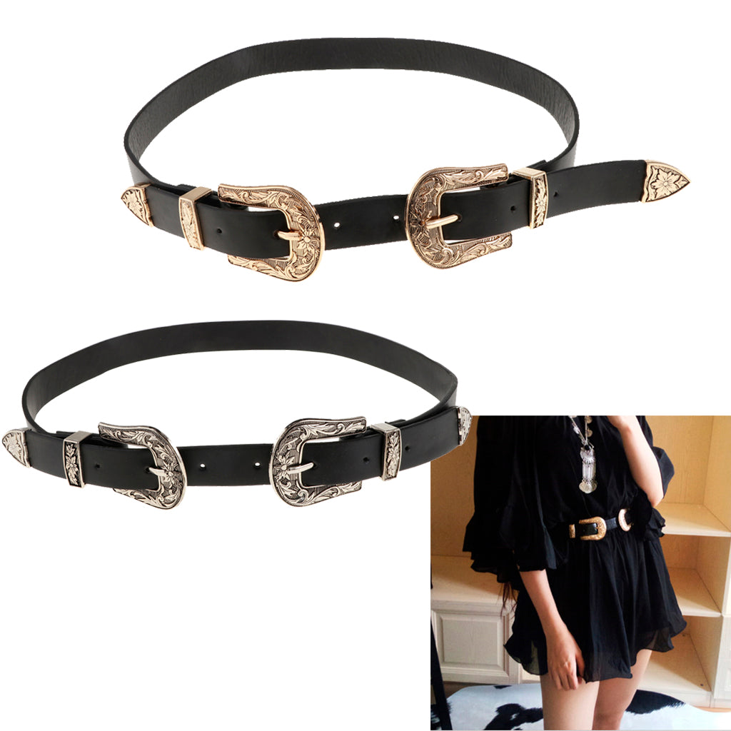 Vintage Womens Double Pin buckle Adjustable Leather Jeans Dress Belt Gold
