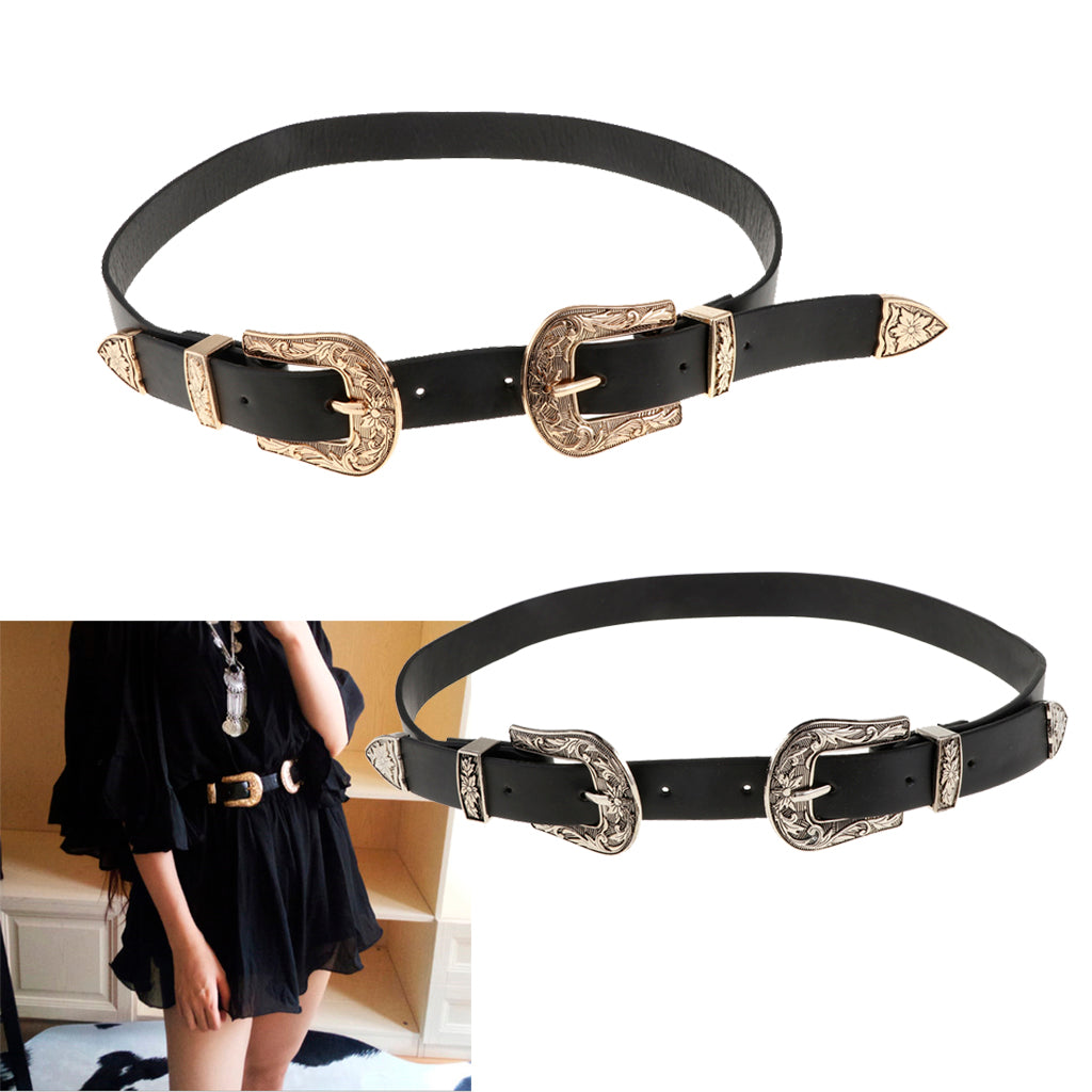 Vintage Womens Double Pin buckle Adjustable Leather Jeans Dress Belt Gold