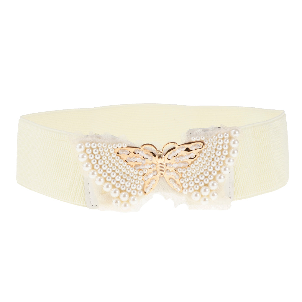 Women Pearl Butterfly Wide Band Retro Dress Waistband Cinch Waist Belt White