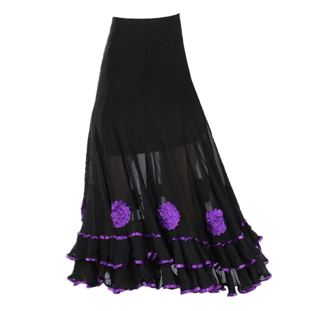 Flamenco Ballroom Dance Skirt Flower Full Swing Latin Skirt Waltz Costumes Purple
