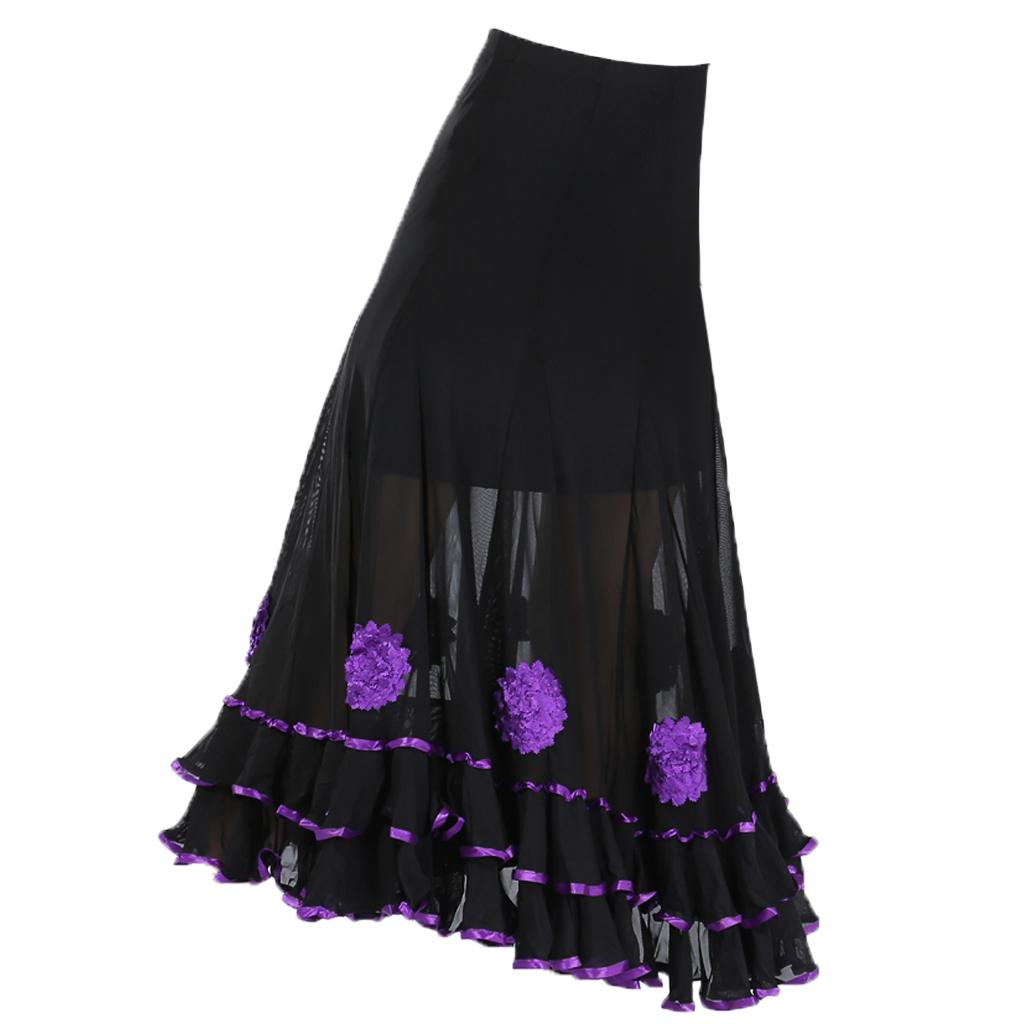 Flamenco Ballroom Dance Skirt Flower Full Swing Latin Skirt Waltz Costumes Purple