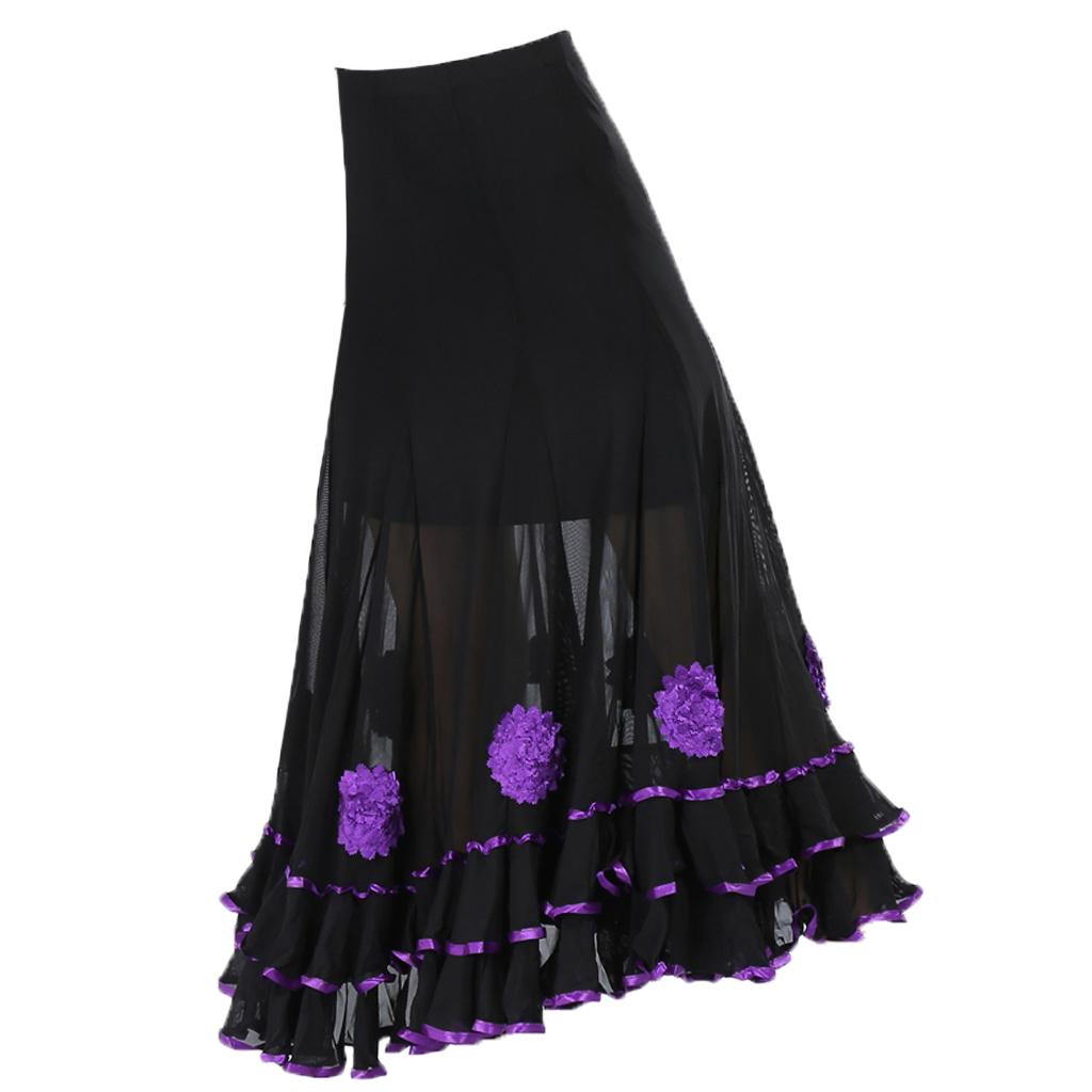 Flamenco Ballroom Dance Skirt Flower Full Swing Latin Skirt Waltz Costumes Purple