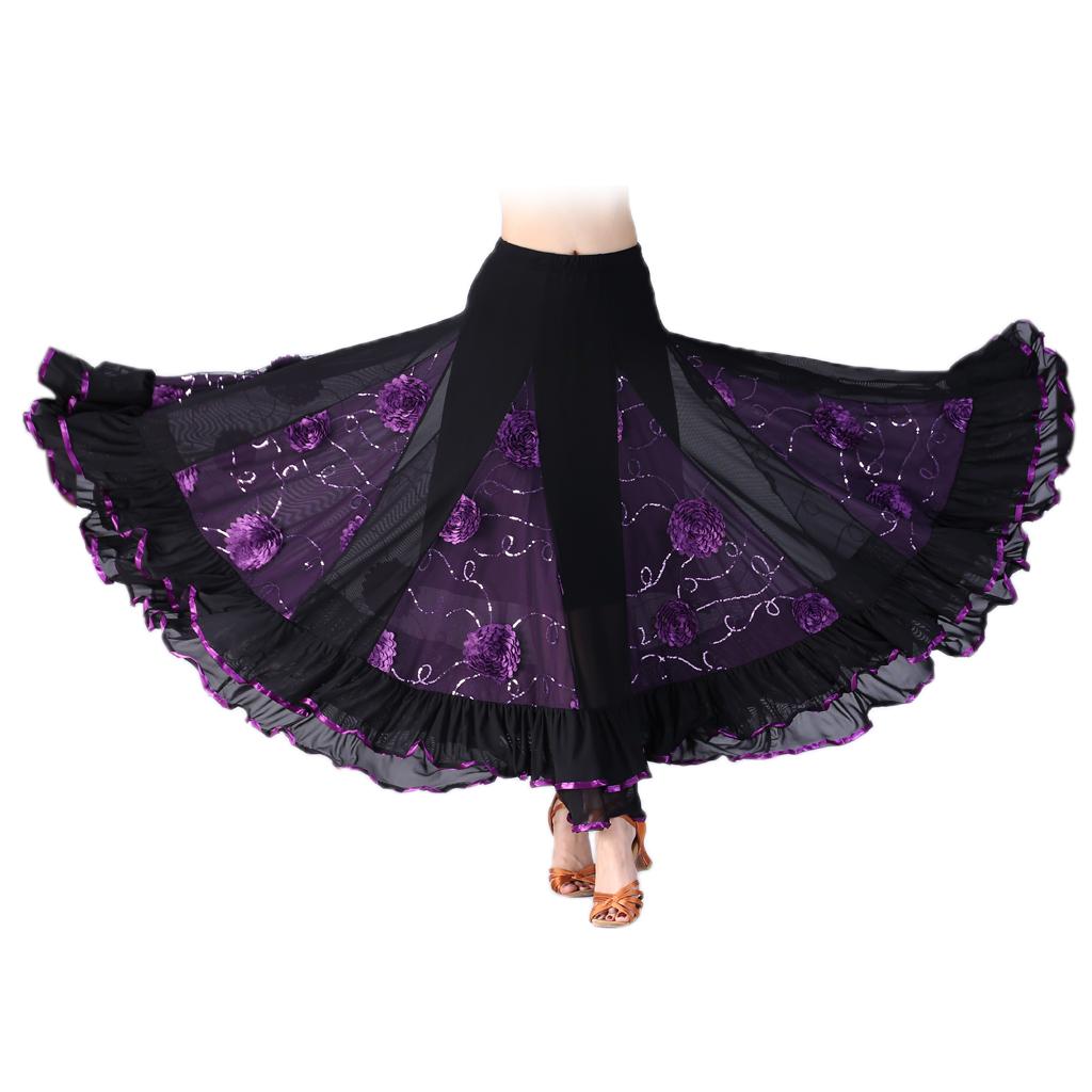 Flamenco Ballroom Waltz Dance Swing Skirt Sequined Floral Party Dress Purple