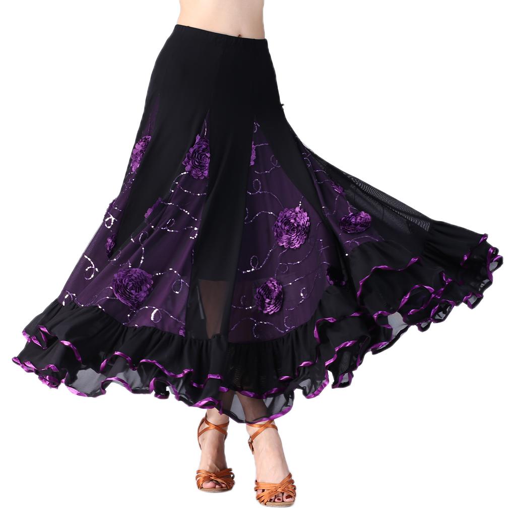 Flamenco Ballroom Waltz Dance Swing Skirt Sequined Floral Party Dress Purple