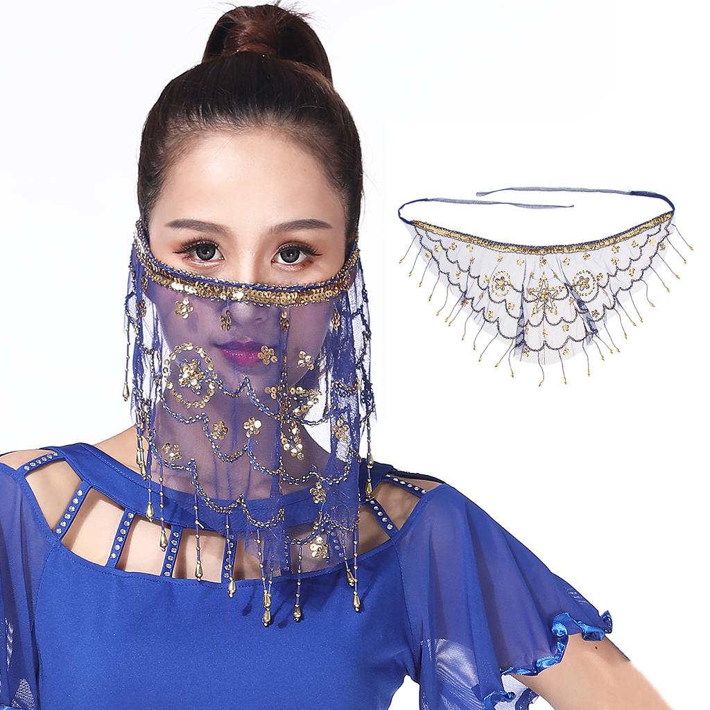 Lady Belly Dance Beaded Sequins Face Veil Halloween Costume Accessory Blue