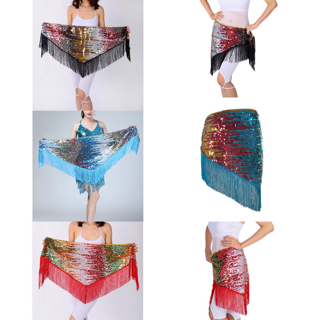 Women's Sequins Belly Dance Hip Scarf Hip Skirt Waist Chain Triangle Belt Black