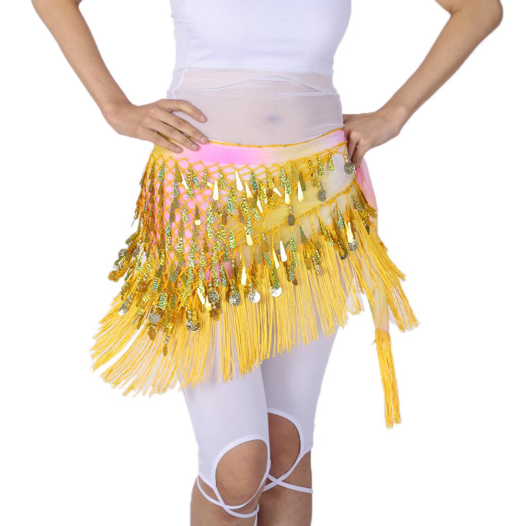 Belly Dance Tassel Triangle Shawl Belt Chain Costume Hip Scarf Sequin Yellow