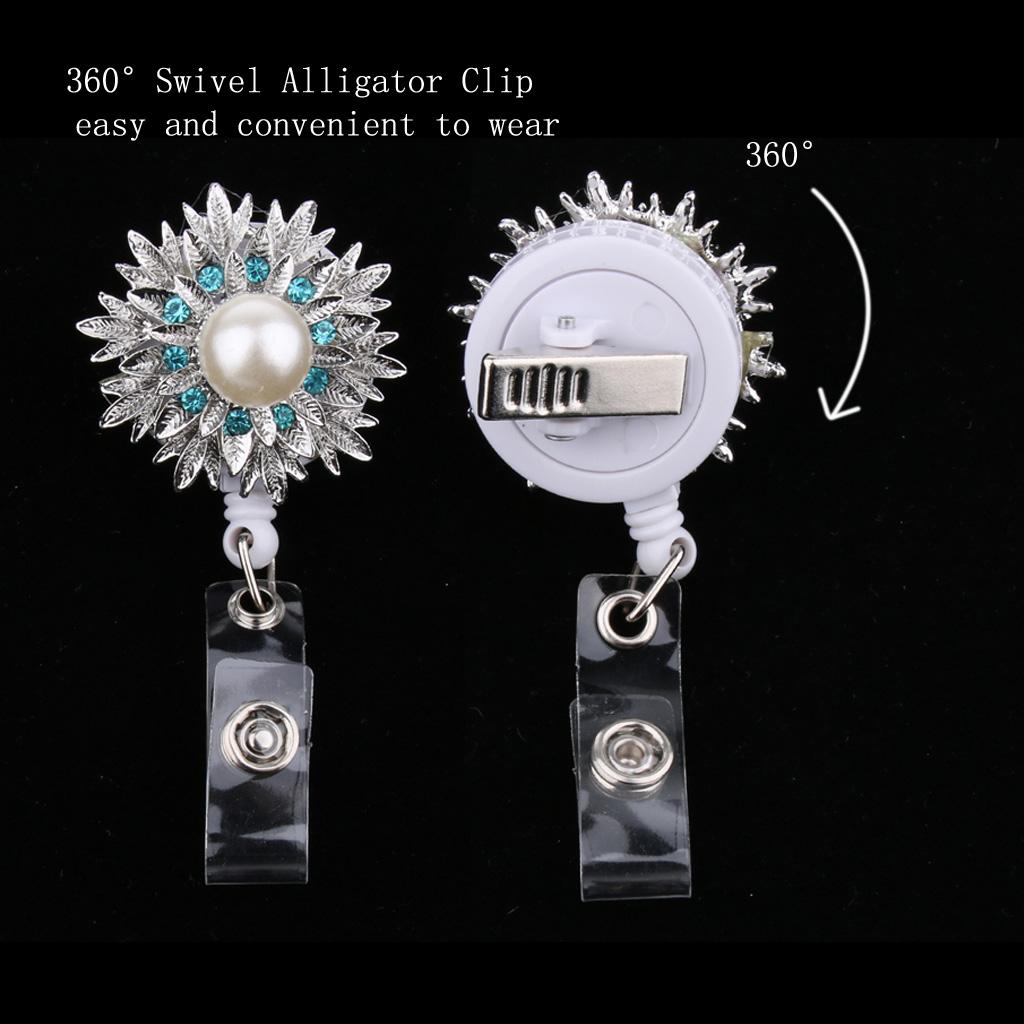 Rhienstone Alloy ID Badge Holder Reel Name Tag Card Clip Blue sunflower