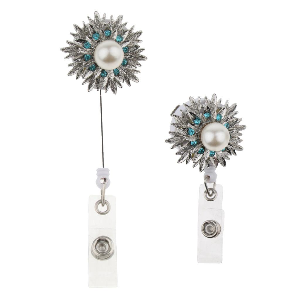 Rhienstone Alloy ID Badge Holder Reel Name Tag Card Clip Blue sunflower